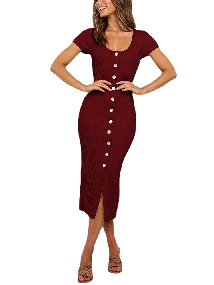 Short Sleeve Crew Neck Stretch Buttons Bodycon Dress For Women