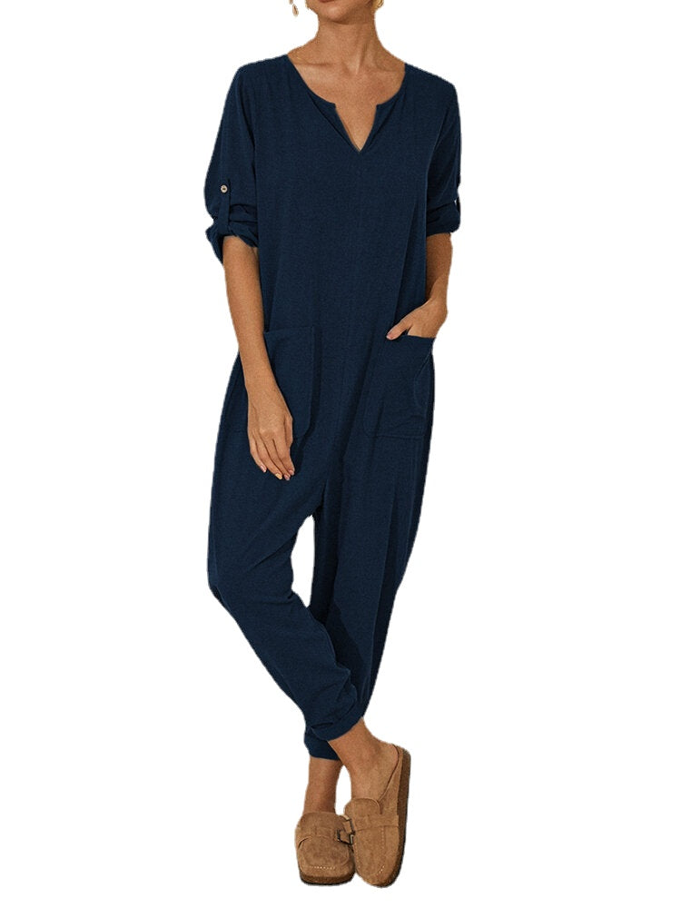 Solid Color Long Sleeve Notched Collar Pocket Loose Jumpsuit For Women