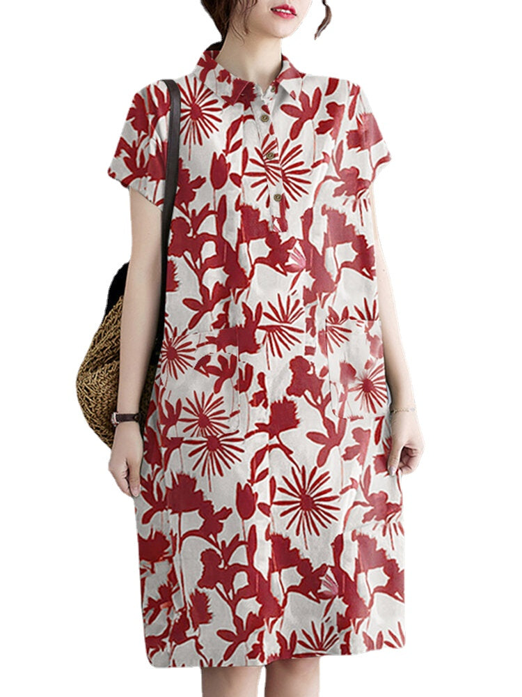 Plant Print Lapel Button Pocket Casual Midi Print Dress