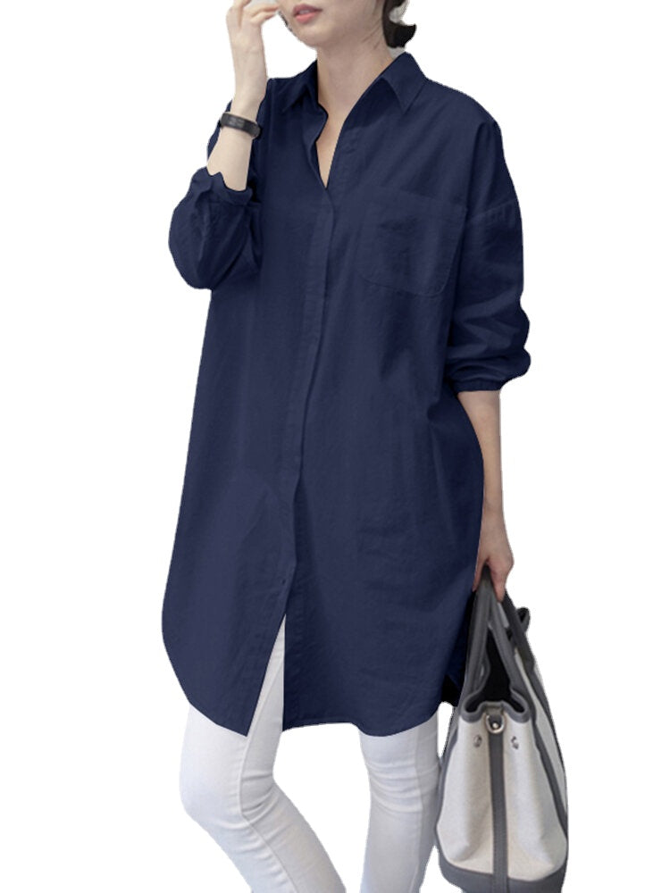 Women Pure Color Lapel Chest Pocket Loose Casual Long Sleeve Shirts