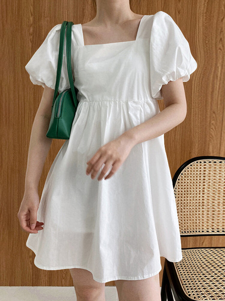 Puff Sleeve Square Collar Solid Short Princess Casual Dress For Women