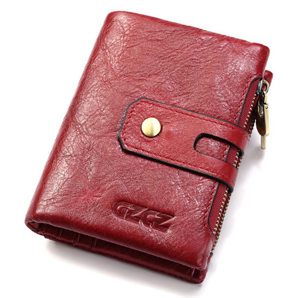Men Women Retro Genuine Leather Tri-fold Wallet Card Holder Double Zipper