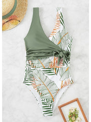 Women's Swimwear One Piece Normal Swimsuit Lace up Printing Leaf Brown Green Bodysuit Bathing Suits Sports Beach Wear Summer