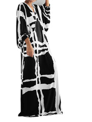 Women Irregular Plaid Printing V-Neck Long Sleeve Casual Loose Maxi Dress