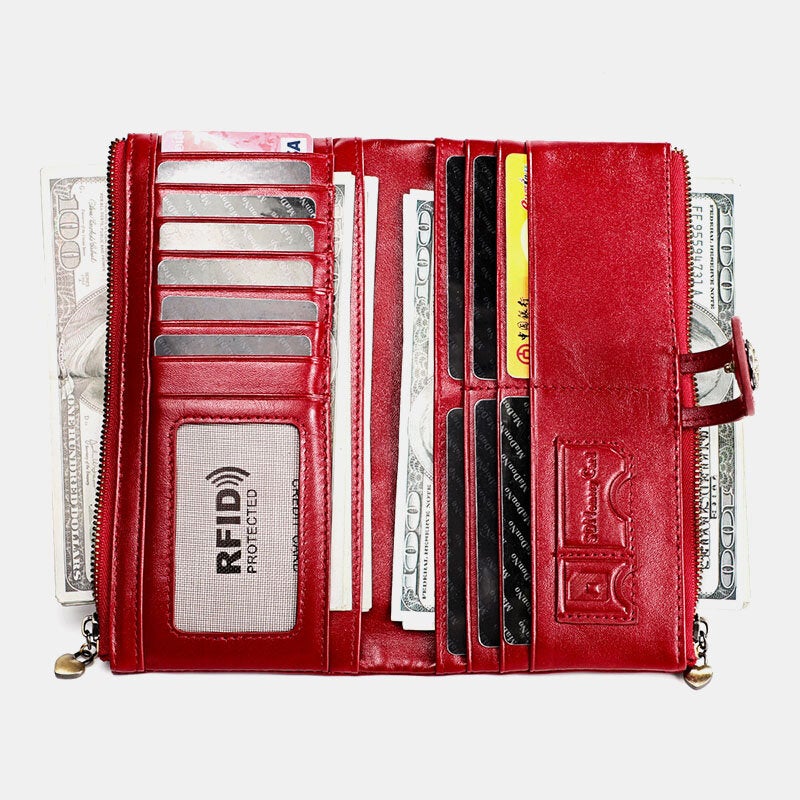 Women Genuine Leather Rfid Antimagnetic Multi-slots 14 Card Slots Zipper Bifold Long Wallet