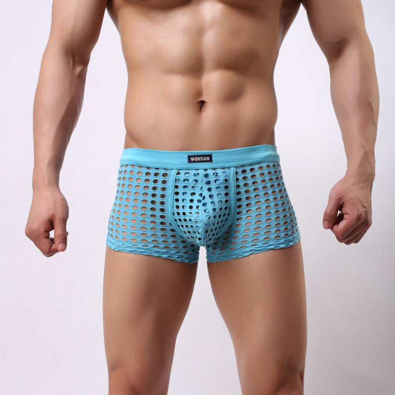 Mens Mesh Holes Transparent Solid Color Boxers Underwear