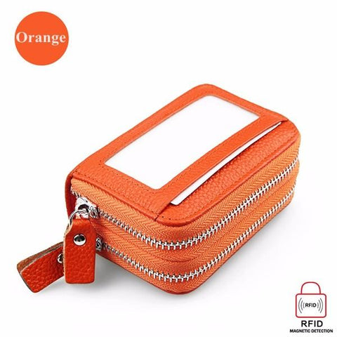 Genuine Leather RFID Double Zipper 11 Card Holder Anti Theft Coin Bag Short Purse