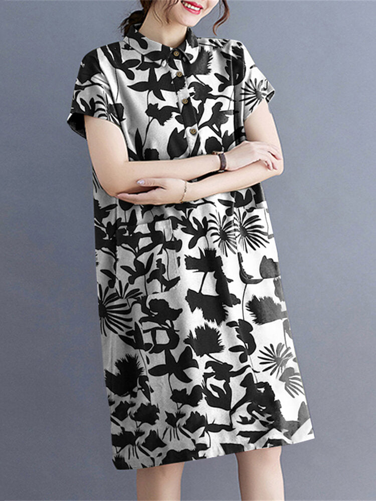 Plant Print Lapel Button Pocket Casual Midi Print Dress