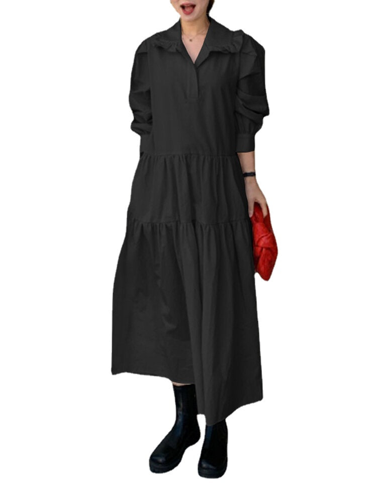 Women Solid Tiered Doll Collar Long Sleeve Casual Maxi Dresses