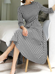 Grid Prited Plaid O-Neck Three Quarter Sleeve Back Zipper Midi Dress For Women