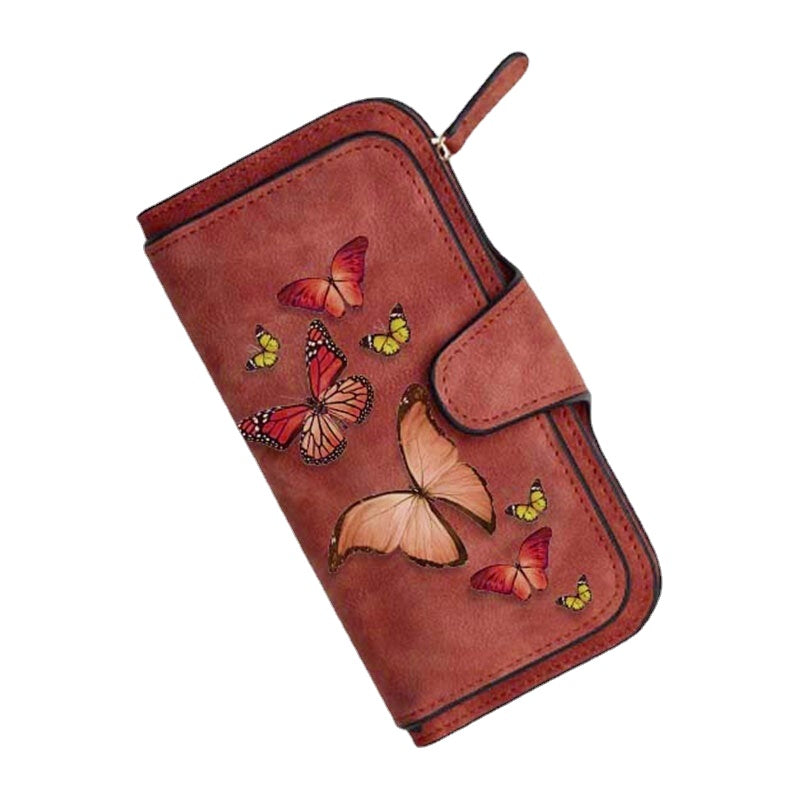 Women Butterfly Four Fold Wallet Purse 14 Card Slot 5.5 Inch Phone Bag