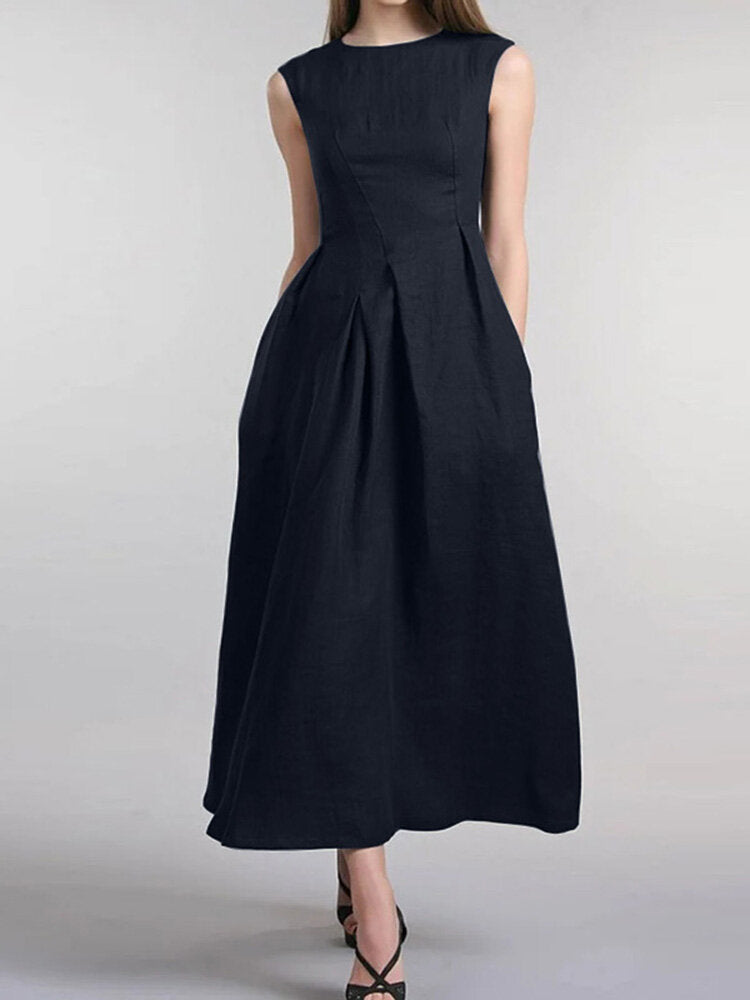 Solid Ruched Sleeveless Zip Casual Cotton Maxi Dress