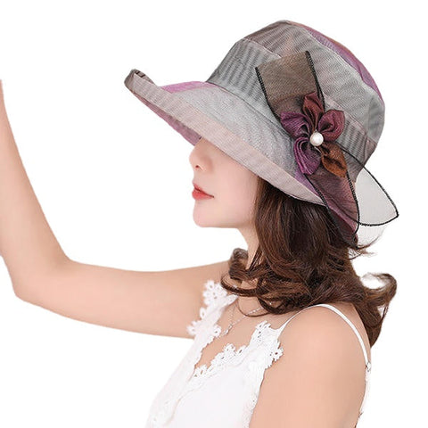 Women Summer Thin Breathable Bow Beach Hat Outdoor Wide Brim Visor Sun Bucket Cap
