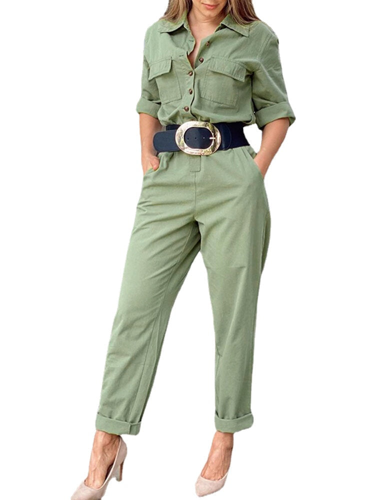 Women Side Pockets Button Solid Color Elastic Waist Two-Piece Sets