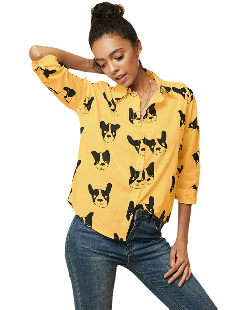 Cartoon Dog Animal Print Button Down Long Sleeve Irregular Hem Casual Blouse For Women