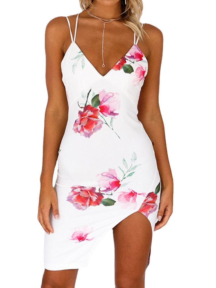 Random Floral Print Backless V-neck Slit Sleeveless Mini Dress