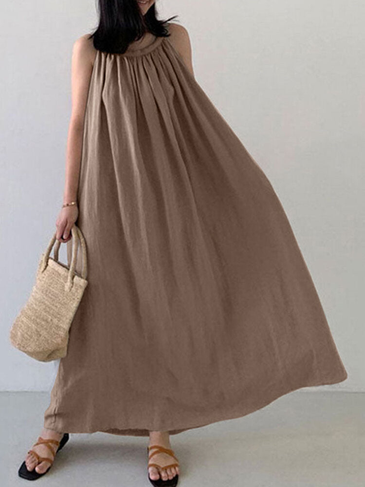 Solid Color Sleeveless Loose Cotton Maxi Dress