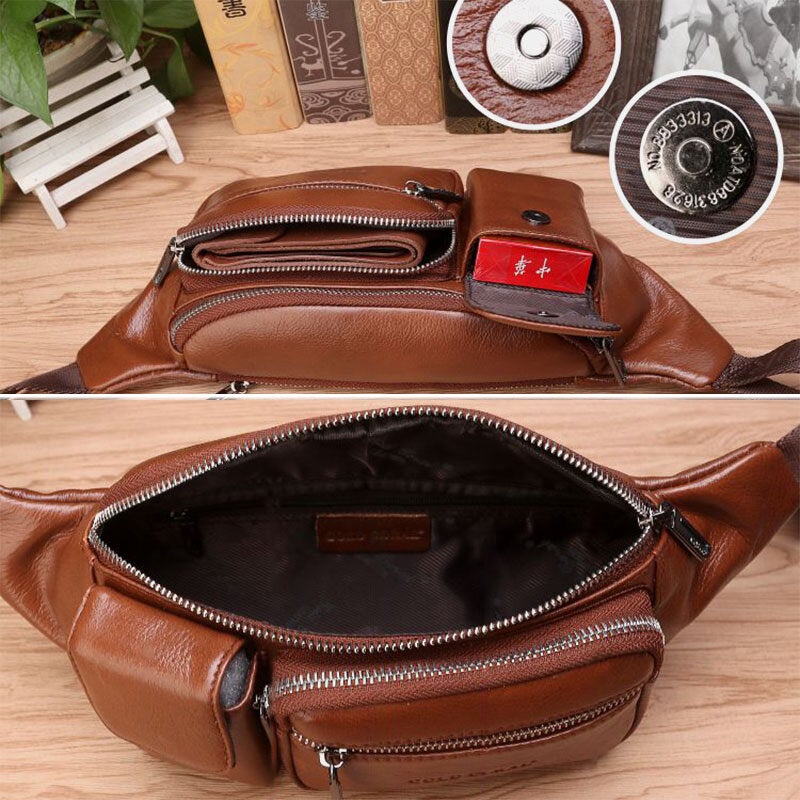 Men Genuine Leather Multifunction Front Flap-Over Zipper Pocket Chest Bag Retro Large Capacity Casual Crossbody Bags Shoulder