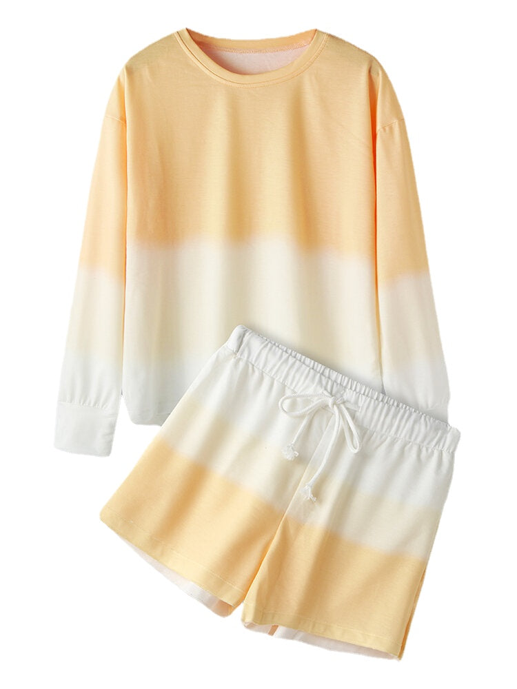 Women Yellow Gradient Round Neck Long Sleeve Drawstring Home Two-Piece Set