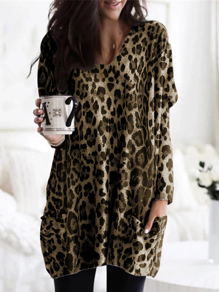 Leopard Print V-neck Long Sleeve Causal Blouse Shirts