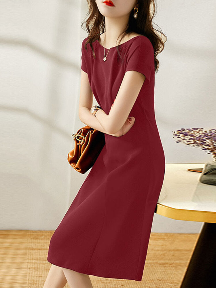 Solid Invisible Zip Side Short Sleeve Crew Neck Dress