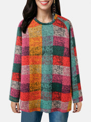 Women Color Block Round Neck Raglan Sleeve Vintage Casual Sweatshirts