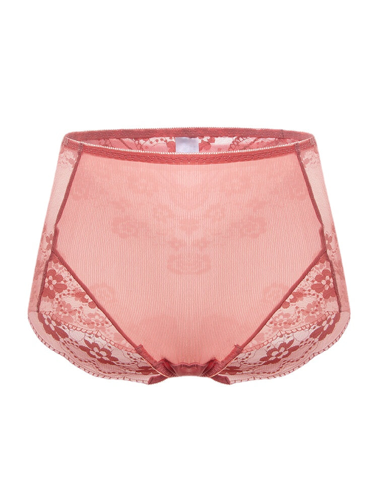Plus Size Women Sheer Lace Floral Jacquard Breathable High Waist Panties