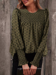 Polka Dot Print Long Sleeve O-neck Pleated Blouse