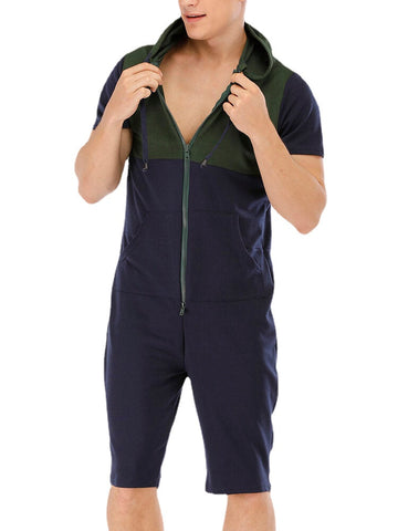 Men New Fashion Casual Patchwork Short Sleeve Jumpsuit Sleepwear
