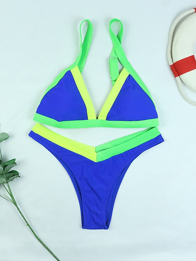 Women's Swimwear Bikini 2 Piece Normal Swimsuit Splice Adjustable Solid Color Color Block Green Blue Rose Red Padded Strap Bathing Suits New Sexy Hawaiian / Padded Bras / Slim