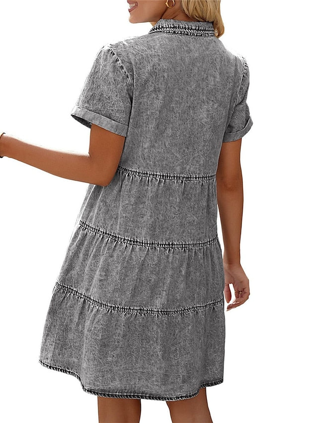 Women's Denim Shift Dress - Casual Mini Shirt Dress with Pockets, Short Sleeve