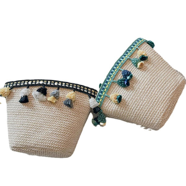 Straw Tassel Leisure Zipper Bucket Bag Shoulder Bag For Women