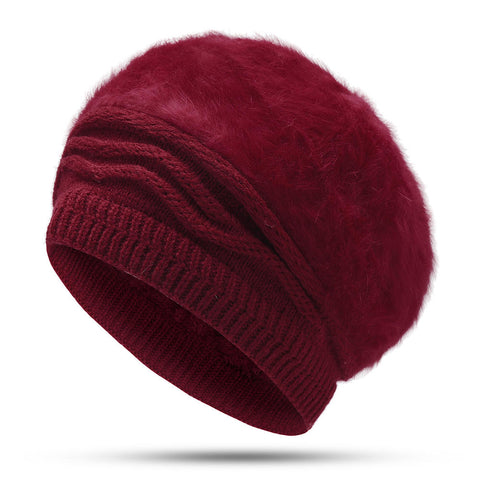 Women Vintage Artificial Rabbit Fur With Velvet Knit Hat Winter Warm Earmuffs Ski Beanie Hat
