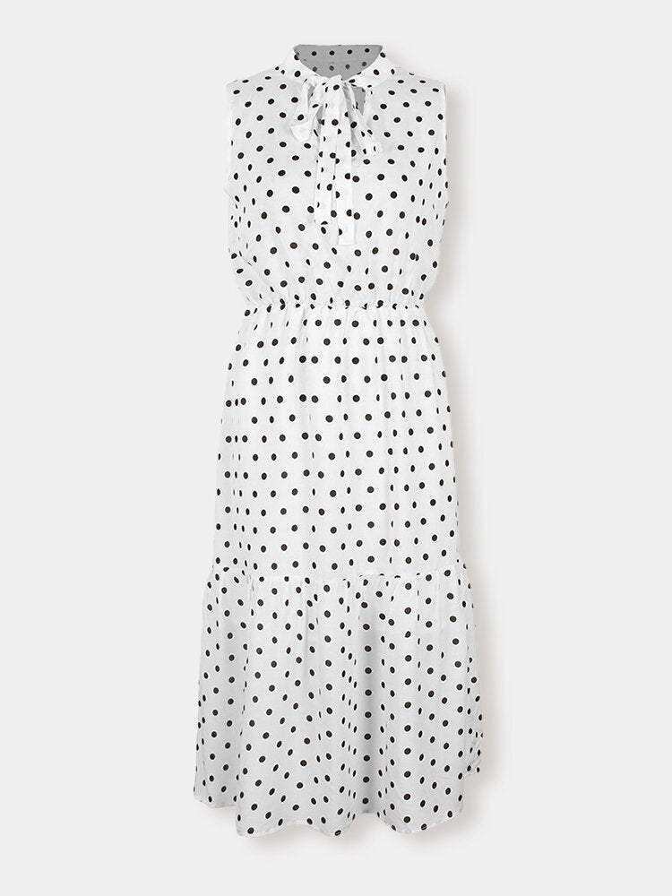 Polka Dot Print V-neck Sleeveless Knotted Pleated Dress For Women