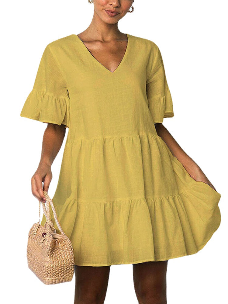 Women Cotton V-neck Ruffle Sleeve Holiday Loose Solid Color Mini Dress