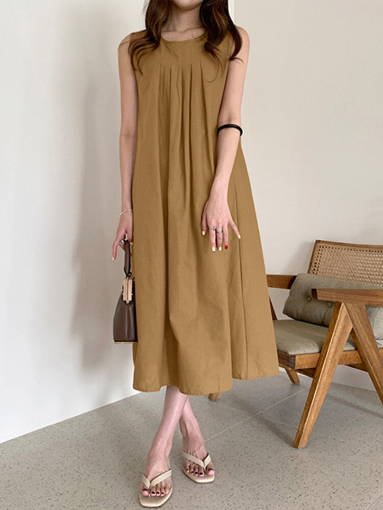 Women Solid O-Neck Sleeveless Bohemian Leisure Dress With Side Pockets