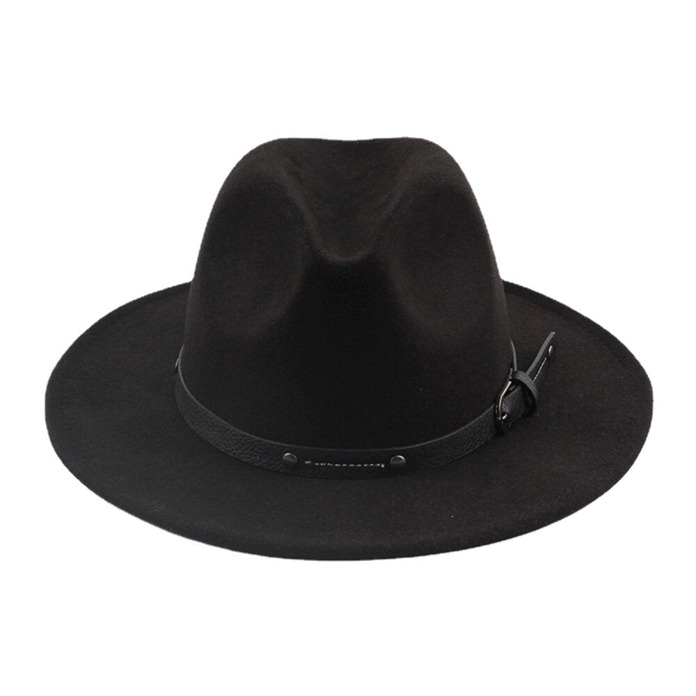 Unisex British Style Leather Belt Buckle Flat Brim Top Hat Fashion Outdoor Wide Brim Felt Hat