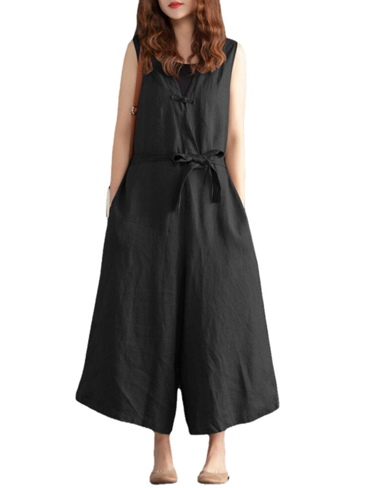 Women Wide Leg Cotton Solid Color V-Neck Sleeveless Jumpsuit with Pockets