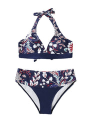 Women's Swimwear Bikini 2 Piece Normal Swimsuit Halter 2 Piece Open Back Sexy Floral White Blue Dusty Blue Green Halter V Wire Bathing Suits Sexy Vacation Beach Wear