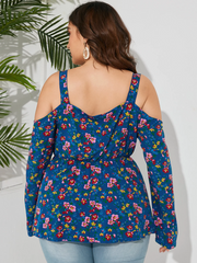 Plus Size Cold Shoulder Calico Backless Design Crossed Front Blouse