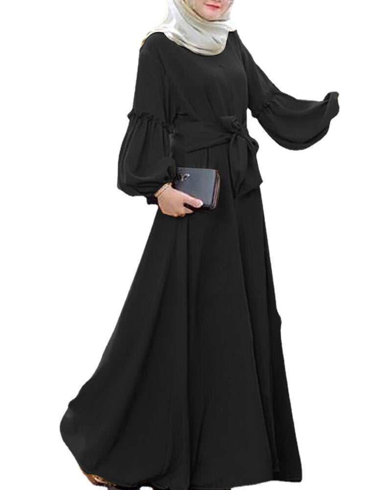 Women Long Sleeve Solid Color Belted O-Neck Button MaxiDress