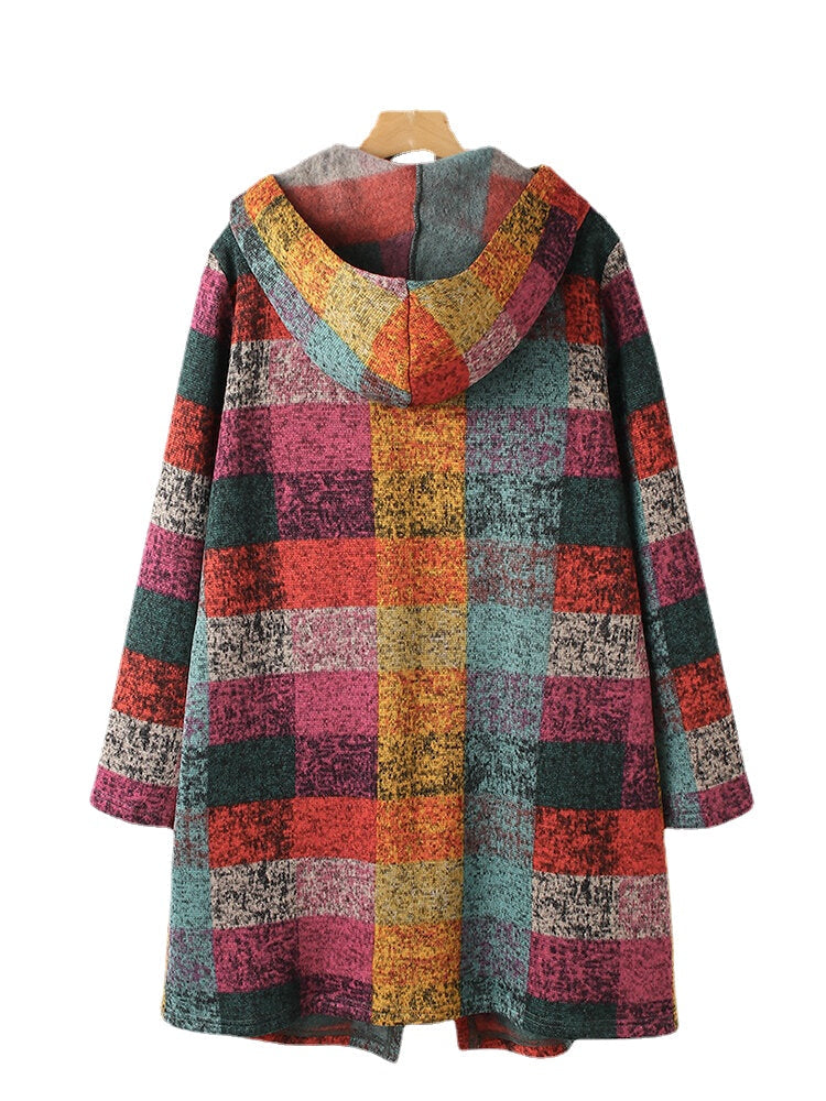 Women Colorful Plaid Open Front Double Pocket Casual Hooded Cardigan Coats