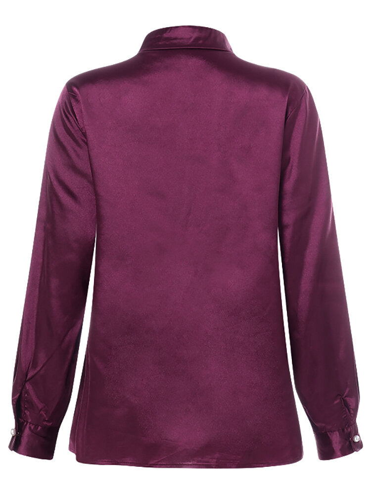 Satin Pearl Button Long Sleeves Solid Color Shirts For Women