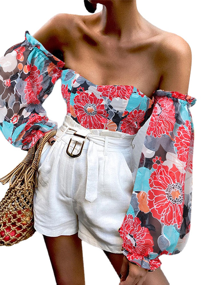 Women Off Shoulder Plants Print Lantern Sleeve Back Zipper Holiday Casual Stylish Blouse