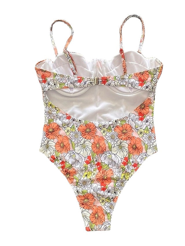 Women's Swimwear One Piece Monokini Bathing Suits Normal Swimsuit Tummy Control Open Back Printing High Waisted Floral Plaid Green Black Blue Rosy Pink Orange Strap Bathing Suits Sexy Vacation Fashion