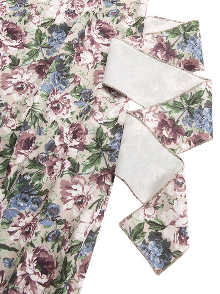 Vintage Flower Print Wrap Body Tie V-neck Short Mini Dress