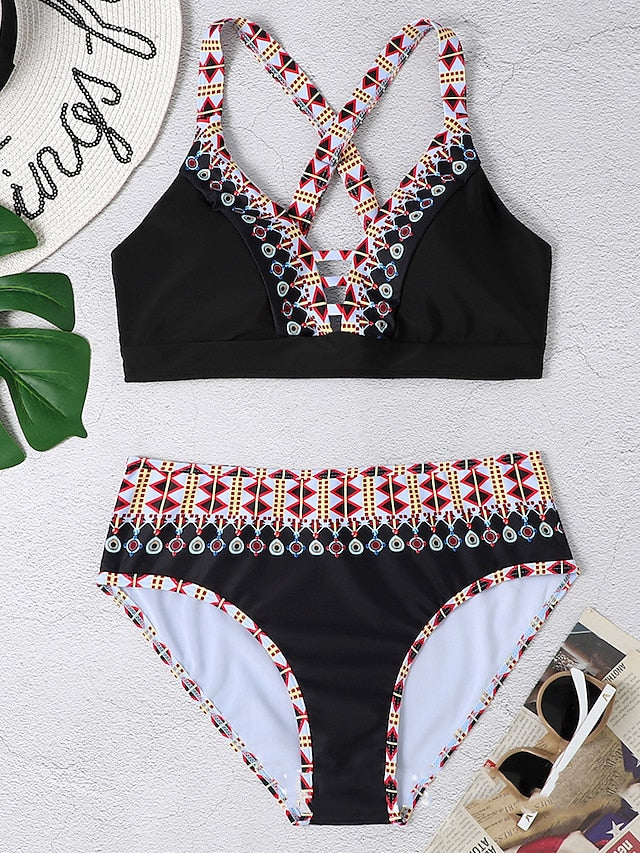 Women's Swimwear Bikini Normal Swimsuit 2 Piece Printing Geometic Black Bathing Suits Sports Beach Wear Summer