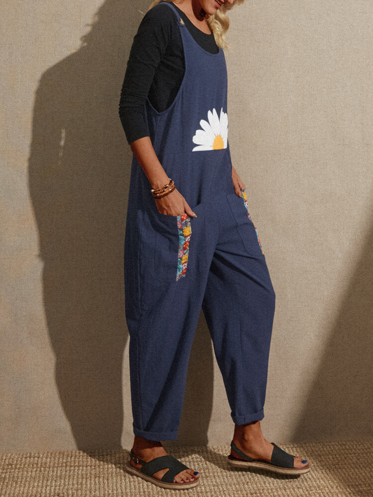 Flower Tribal Pattern Pocket Sleeveless Jumpsuit For Women