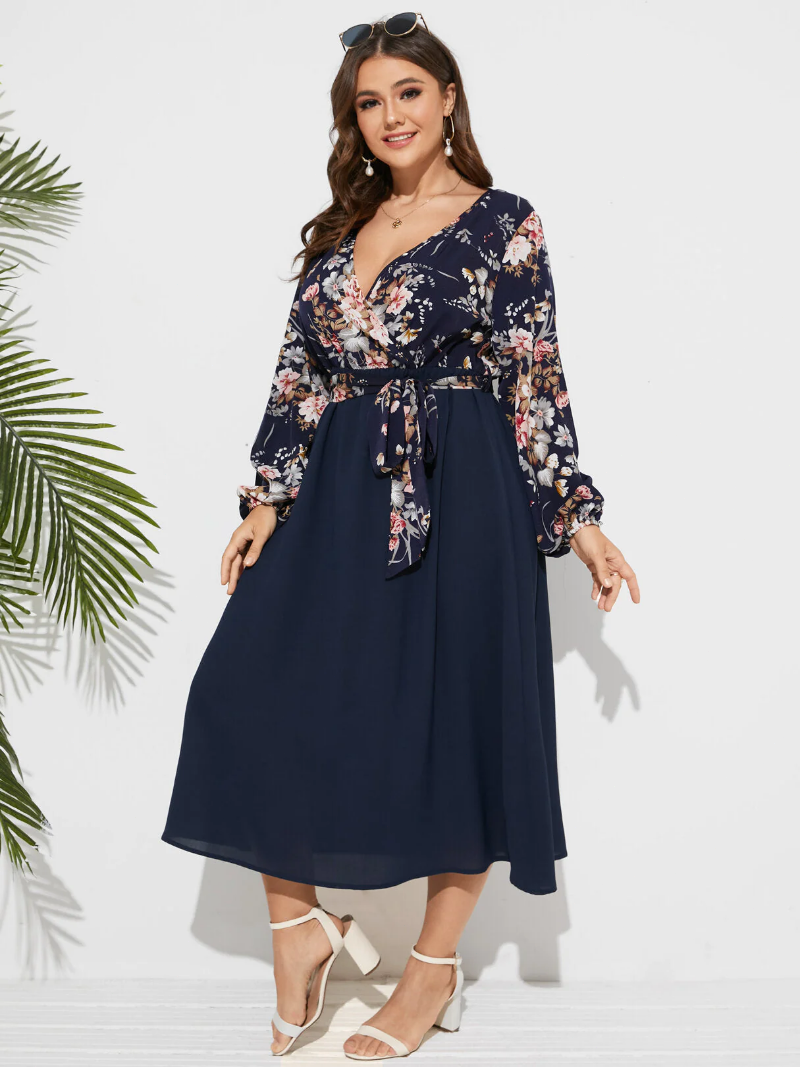 Plus Size V Neck Floral Print Belt Design Patchwork Dress