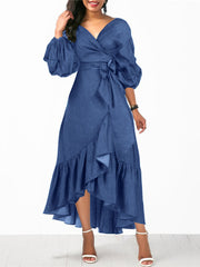 Women Denim Irregular Ruffle Hem Puff Sleeve Belted V-Neck Midi Dress